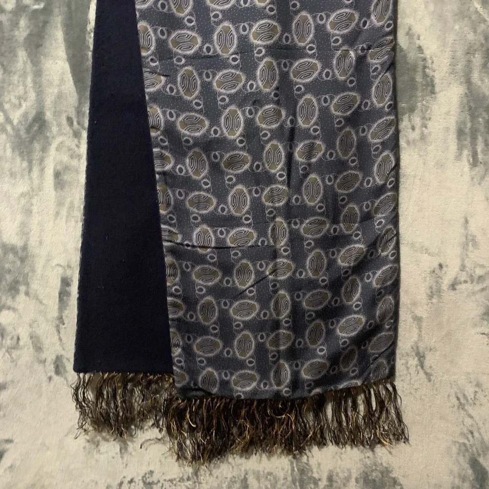 Barneys New York Scarf Mens Silk Wool Reversible Navy Blue Geometric Italy Made